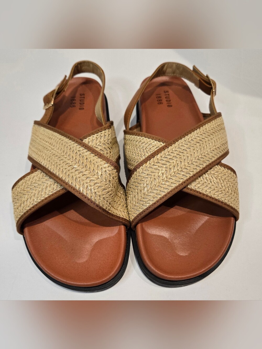 Studio 1886 By Avon Natural Tan Woven Raffia Criss-Cross Slingback Sandals